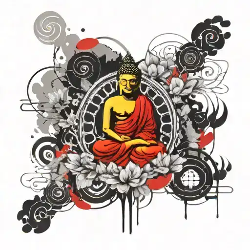 create an image about Buddhism to cover the entire right arm. Mix up traditional symbols tattoo design idea