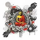 create an image about Buddhism to cover the entire right arm. Mix up traditional symbols tattoo design idea