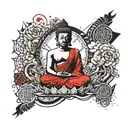 create an image about Buddhism to cover the entire right arm. Mix up traditional symbols tattoo design idea