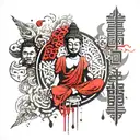 create an image about Buddhism to cover the entire right arm. Mix up traditional symbols tattoo design idea