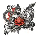 create an image about Buddhism to cover the entire right arm. Mix up traditional symbols tattoo design idea