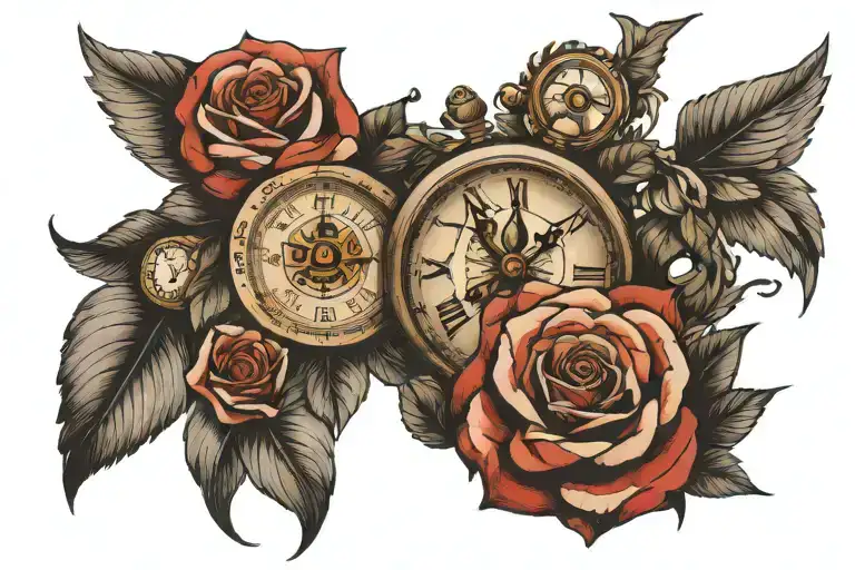 rose, clock, compass, angel wing, 1949 incorporated tattoo design idea