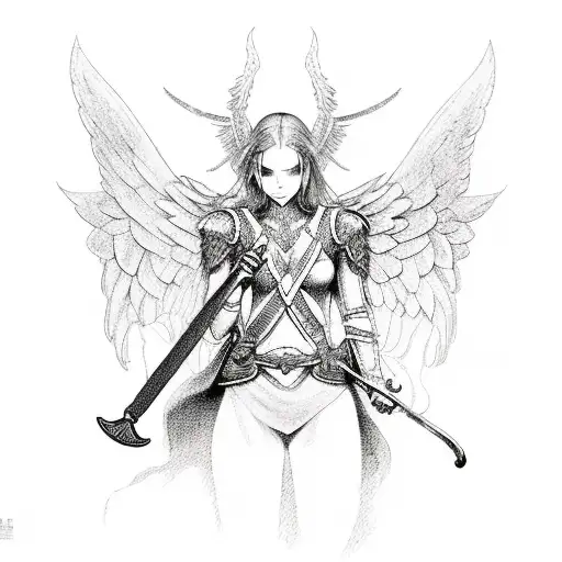 fallen arch angel with sword tattoo design idea
