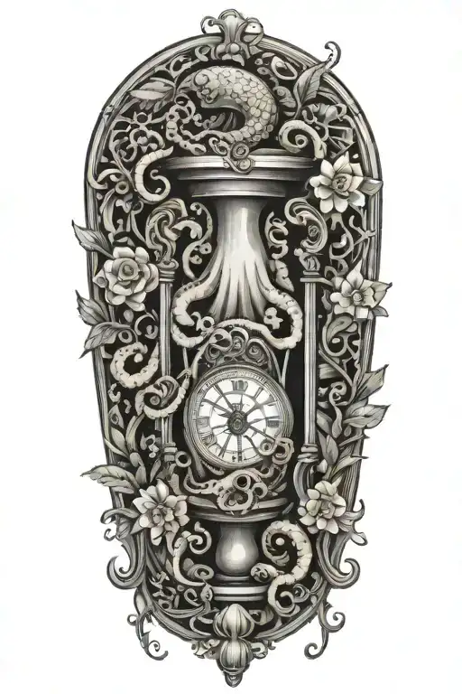 octopus trapped in an hourglass with leaves and flowers tattoo design idea