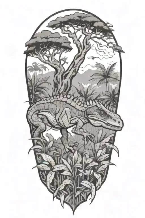 velociraptor and rainforest trees tattoo design idea