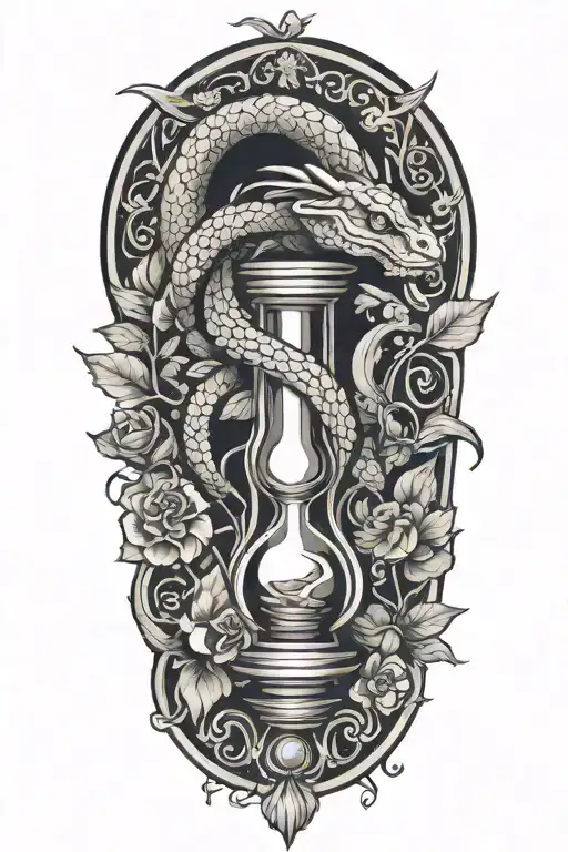 viper coiled around an hourglass with leaves and flowers tattoo design idea