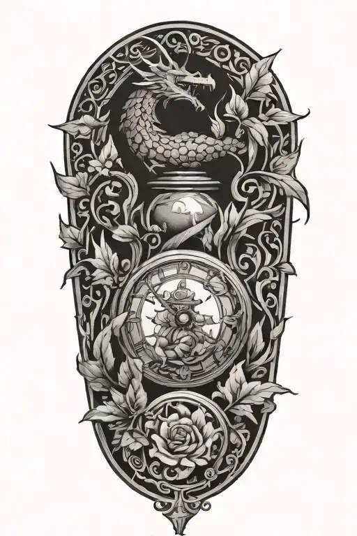 wyvern trapped in an hourglass with leaves and flowers tattoo design idea