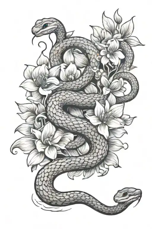 snake in flowers in water tattoo design idea