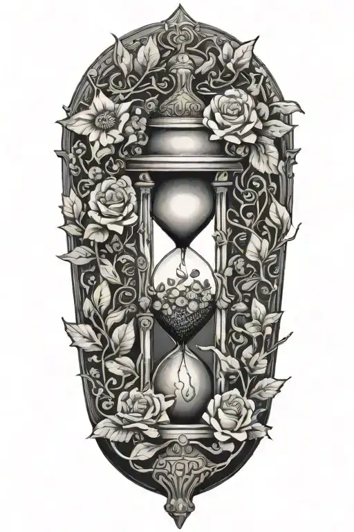 snaked trapped in an hourglass with leaves and flowers tattoo design idea