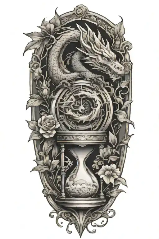 dragon trapped in an hourglass with leaves and flowers tattoo design idea