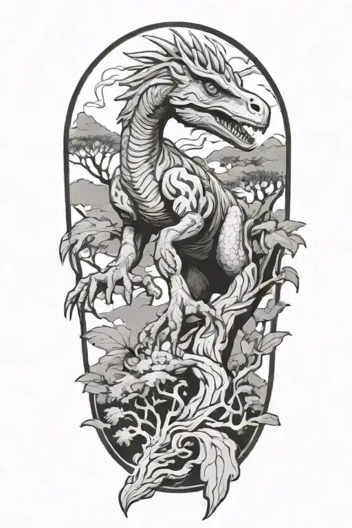 utahraptor combined with bonsai tree tattoo design idea