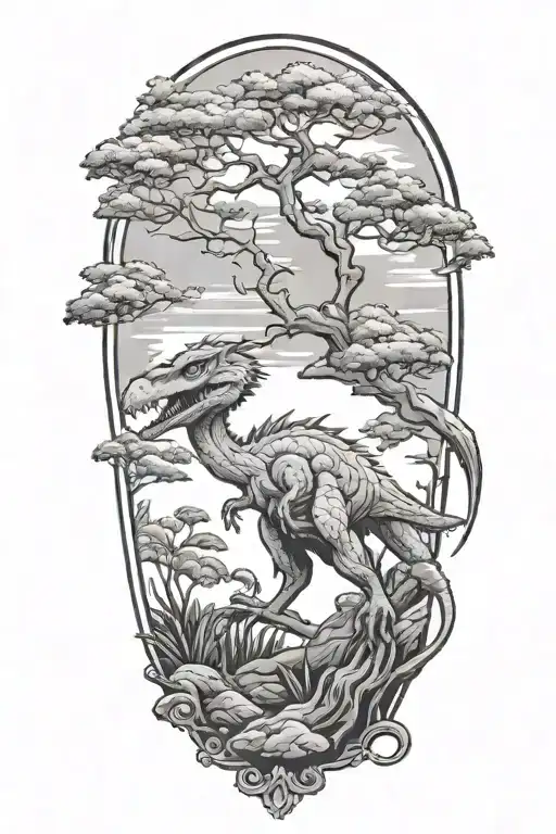velociraptor and bonsai tree tattoo design idea