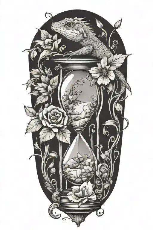 lizard trapped in an hourglass with leaves and flowers tattoo design idea