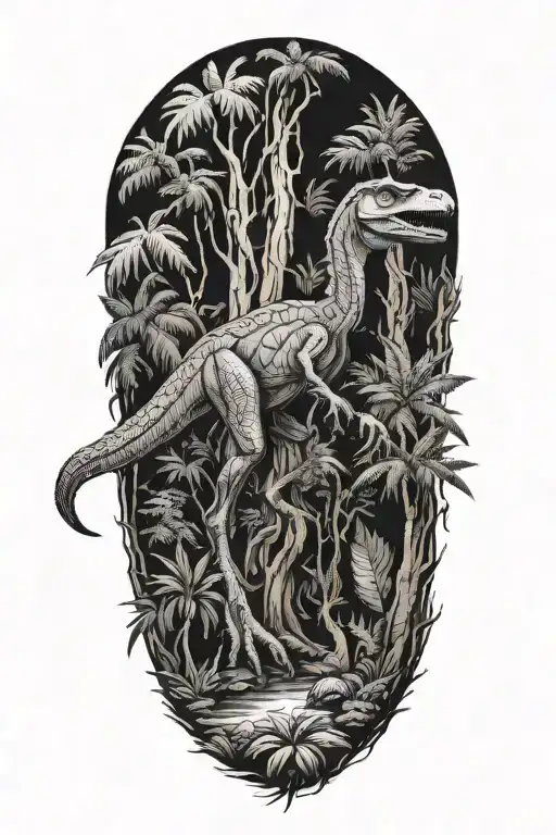 velociraptor and rainforest trees tattoo design idea