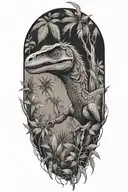 velociraptor and rainforest trees tattoo design idea