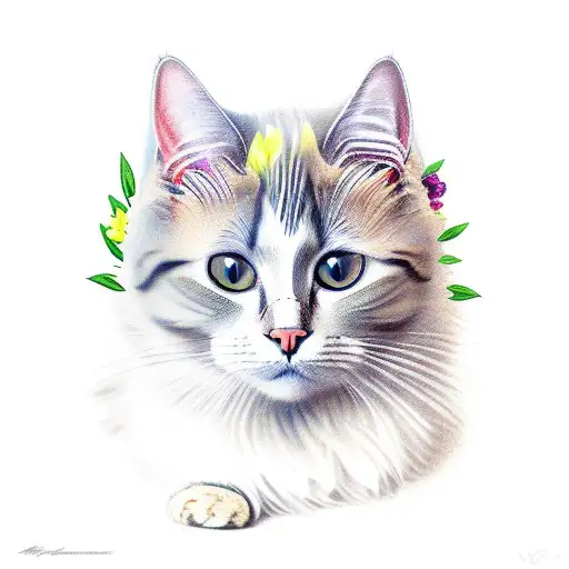A realistic portrait of Marianne's beloved cat surrounded by colorful flowers tattoo design idea