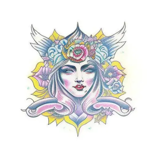 A traditional style tattoo of a powerful goddess surrounded by psychedelic floral patterns, symbolizing the sacred feminine energy tattoo design idea