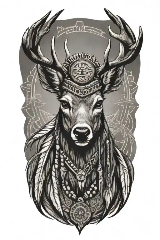 deer head as a native american hairddress yacqui tattoo design idea