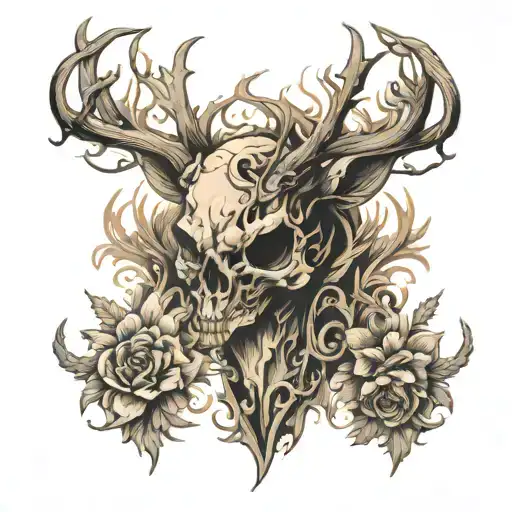 yacqui deer head skulls tattoo design idea