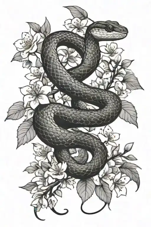 snake and apple blossoms and tattoo design idea