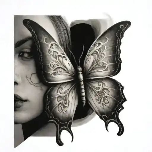 a mask split in half butterfly tattoo design idea