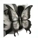 a mask split in half butterfly tattoo design idea