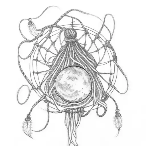 ropes with witch knots and a dream catcher with moons tattoo design idea