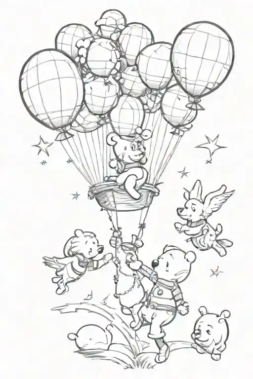 little prince flying holding onto birds next to winnie the pooh flying holding onto a balloon  tattoo design idea