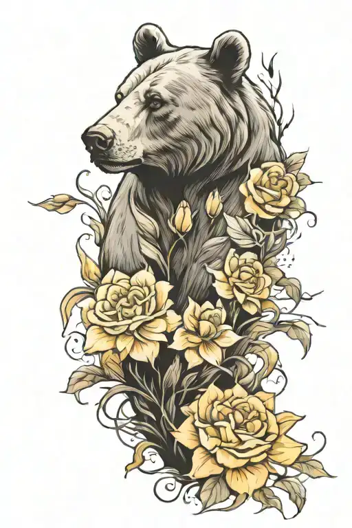 bear, elephant, wolf, rose, daffodil full arm sleeve tattoo design idea