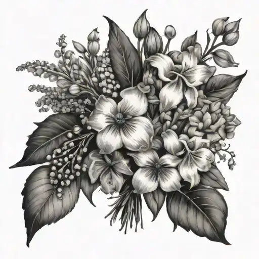 bouquet of flowers composed of violet, iris, lily of the valley, hawthorn, marigold and cosmos tattoo design idea