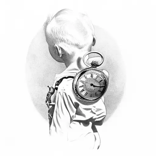 A detailed portrait of a young child holding an open antique pocket watch, with a scorpion crawling on their shoulder tattoo design idea