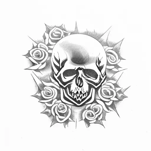 Metal band logo incorporated with a skull and roses tattoo design idea