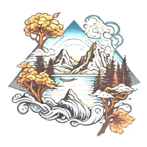 ocean mountains trees tattoo design idea