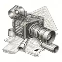 camera, cameraman, sheets, clapperboard, film roll tattoo design idea