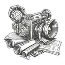 camera, cameraman, sheets, clapperboard, film roll tattoo design idea