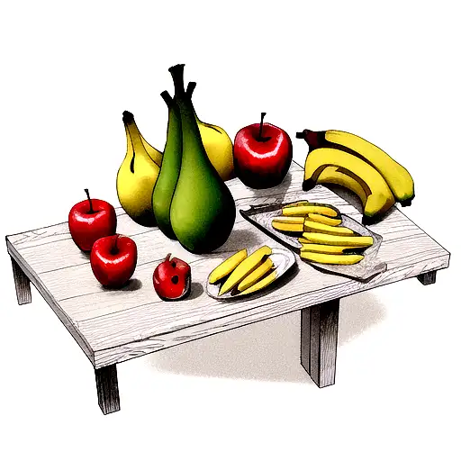 apples, bananas and marihuana buds on a table next to a gun tattoo design idea