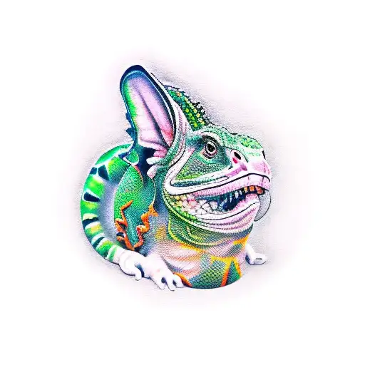 Shoulder tattoo with the heads of a white rabbit, a green iguana, an orange chiuhahua, a pink axolotl and a striped cat tattoo design idea