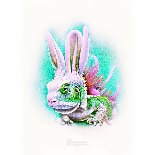 Heads of a white rabbit, a green iguana, an orange chiuhahua, a pink axolotl and a striped cats separately tattoo design idea