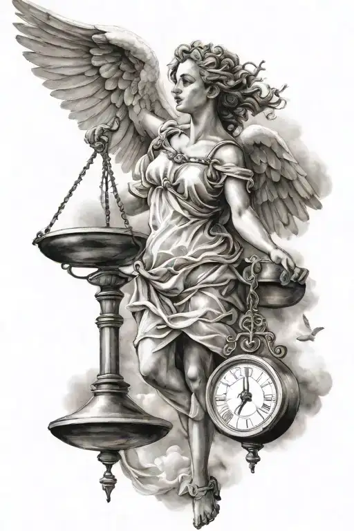 Angel holding a scales of justice in the sky with 2 doves  tattoo design idea