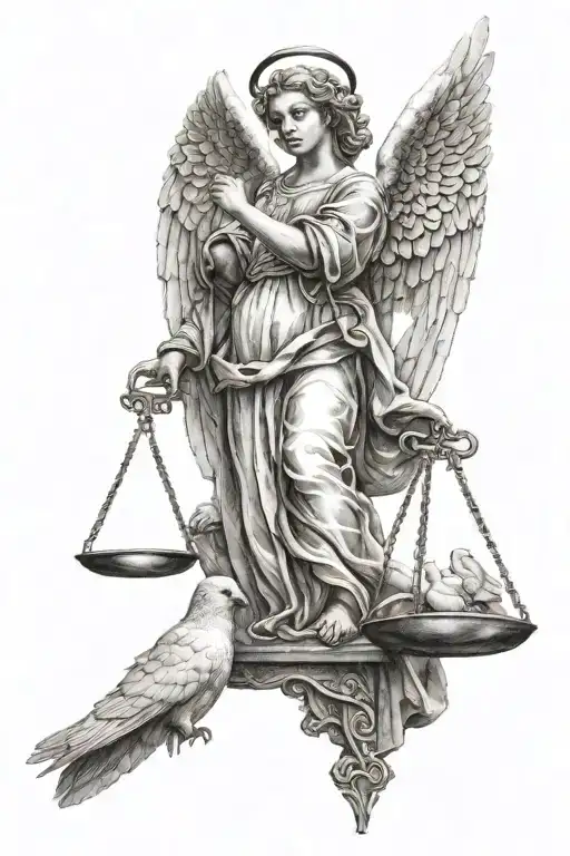 Angel holding a scales of justice in the sky with 2 doves  tattoo design idea