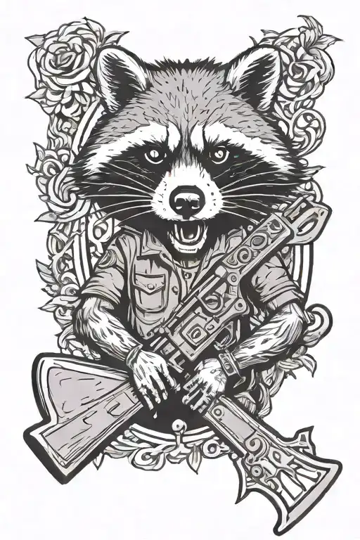 a feral and vicious raccoon with an ornate oval frame around him he would be holding an Assault Rifle and a tomahawk axe tattoo design idea