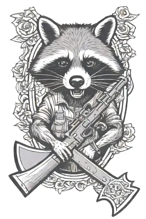 a rabid and mean raccoon with an oval frame around him holding an Ar-15 Rifle and a tomahawk axe in the air tattoo design idea