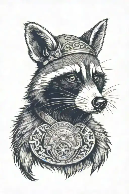 a feral and vicious raccoon with an ornate oval frame around him, and he would have like an AR and a tomahawk  tattoo design idea