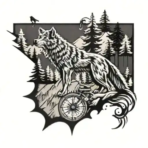 wolf on a mountain with forest, trails and a motorcycle, in the background a compass tattoo design idea