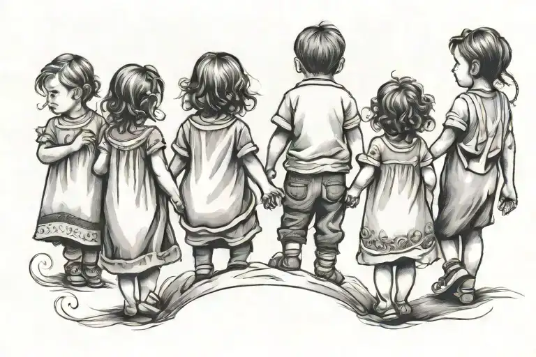 children holding hands backwards  3 girls 1 boy  tattoo design idea