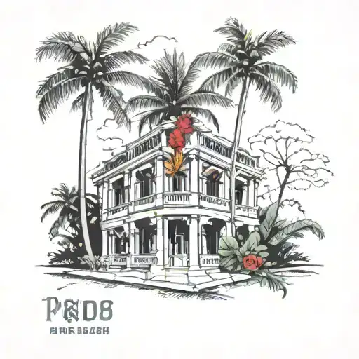 pride of Barbados flower, palm trees, Barbados bus stop, beach,  Barbados  parliament building tattoo design idea