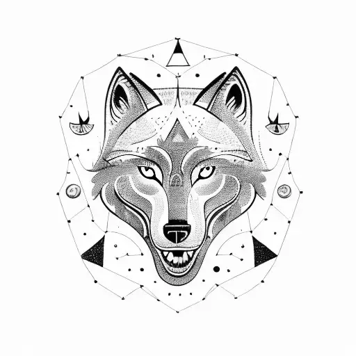 Viking ship sailing through the night sky with constellations forming the shape of a wolf tattoo design idea