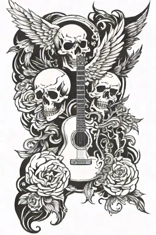 guitar skulls and wings tattoo design idea