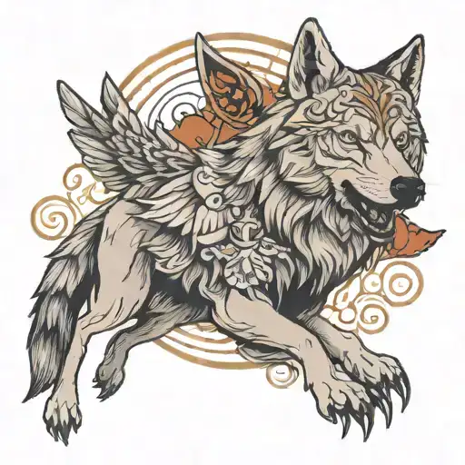 wolf with dove flying tattoo design idea