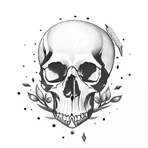 A skull adorned with intricate words and weapons tattoo design idea